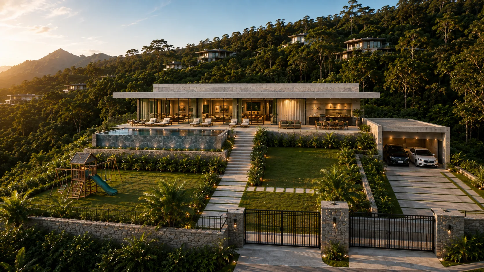 Vivienda con acceso empedrado y jardín
