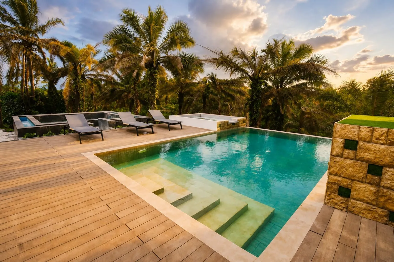 Piscina con borde infinito, jacuzzi y deck de madera entre palmeras
