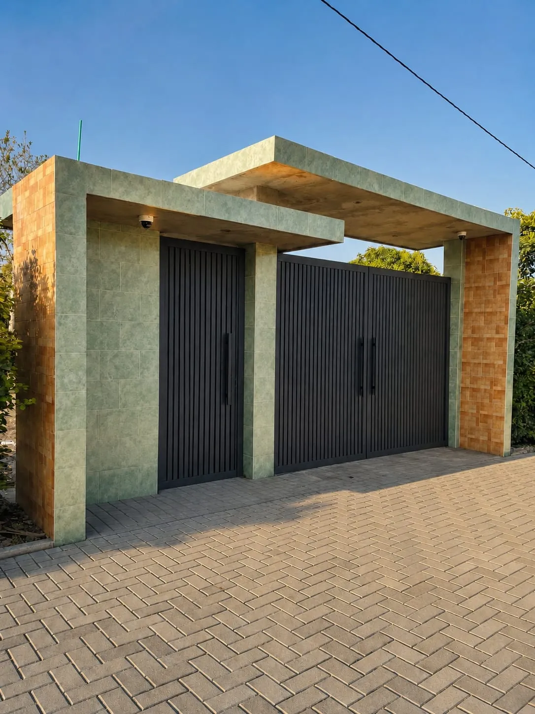 Portal de ingreso con losa volada, revestimiento ceramico y portones metalicos