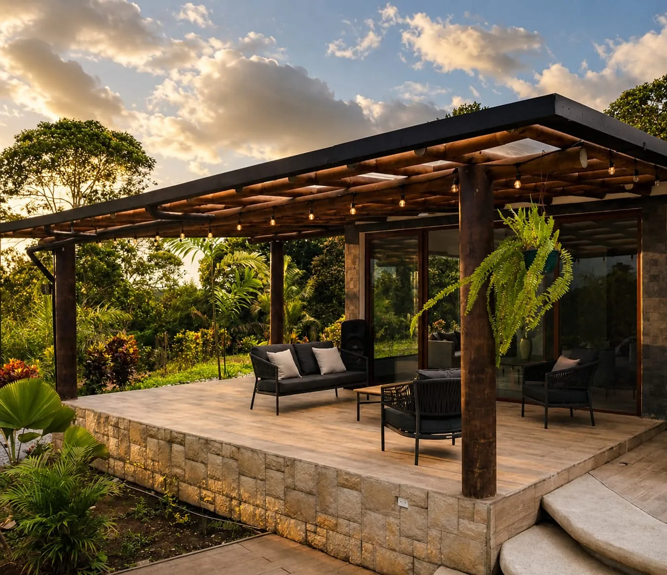 Terraza cubierta con estructura de guad&uacute;a, guirnalda de luces y sala exterior